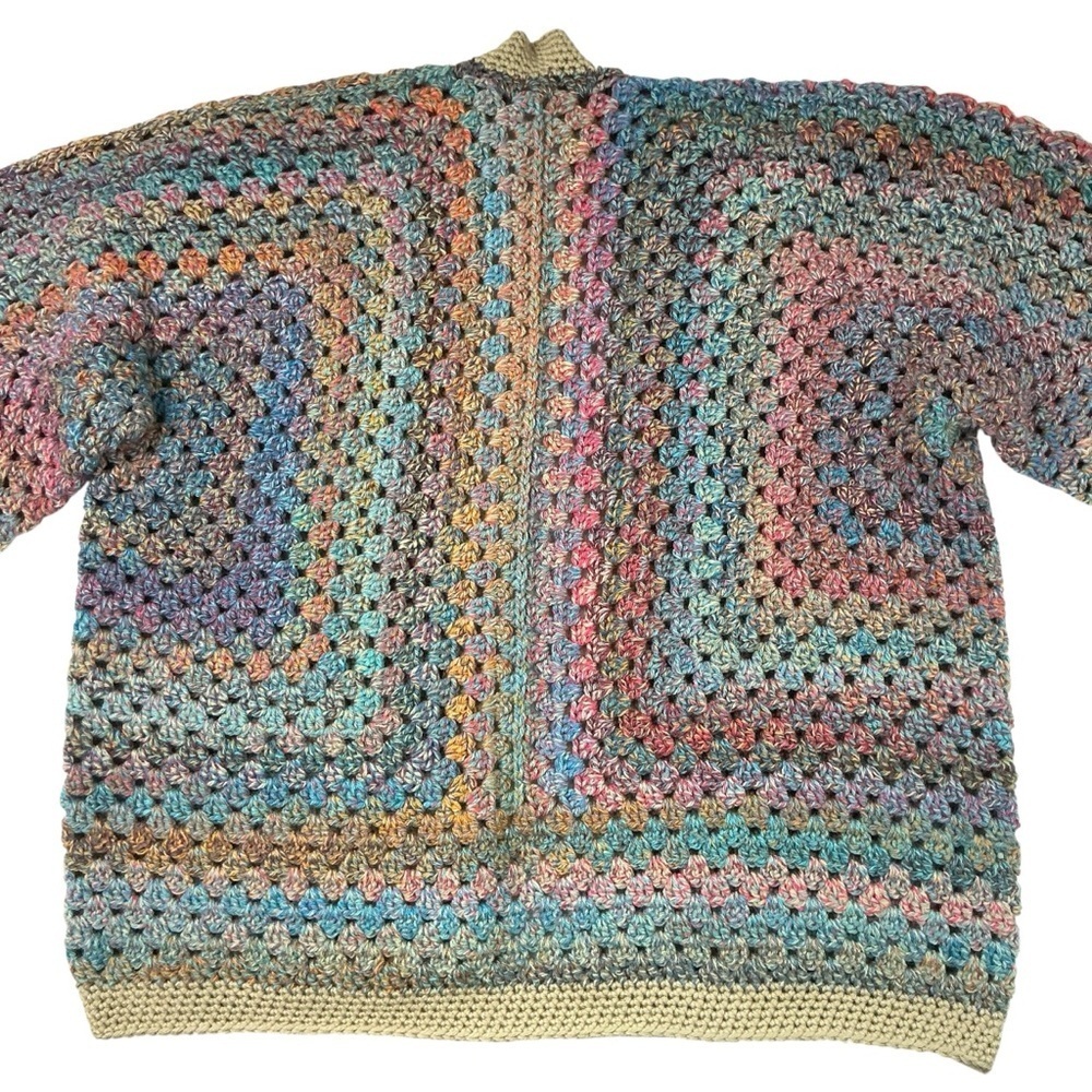 Handcrafted Crochet Hexagon Cardigan Sweater Open Front Wide Sleeve 2 Pockets - Picture 16 of 16